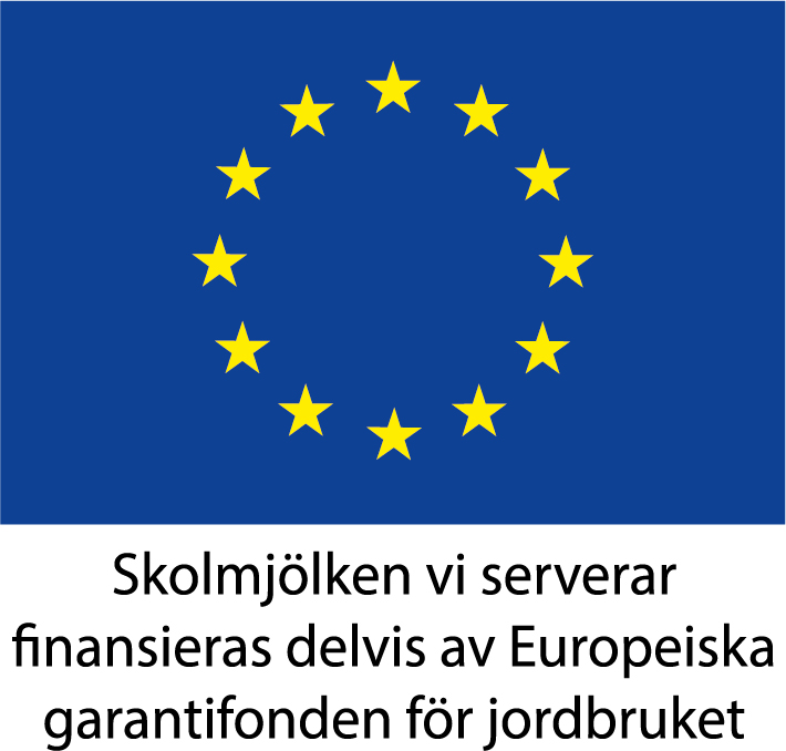 EU logotyp, med texten "skolmjölken vi serverar finansieras delvis av Europeiska garantifonden för jordbruket"