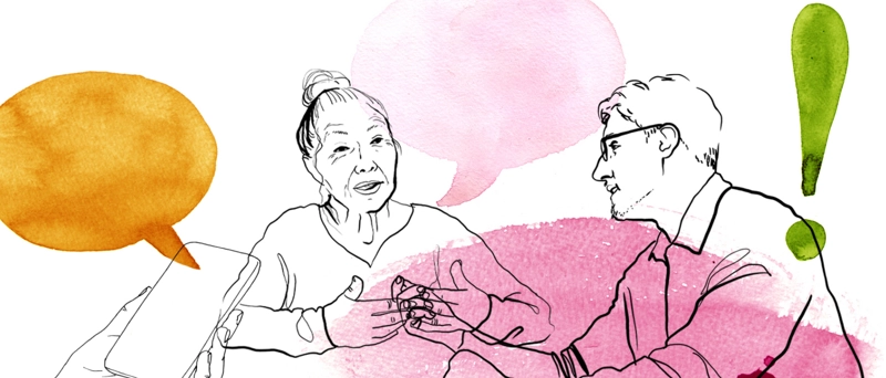 En teckning av en man och en kvinna som pratar med varandra.