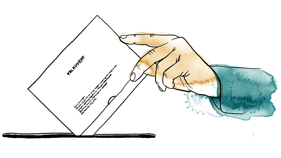 En tecknad hand lägger ner ett kuvert i en låda