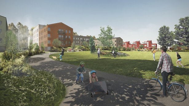 En futuristisk skissbild över möjlig gestaltning av området, med människor som cyklar och går i ett grönområde intill bostäderna. 