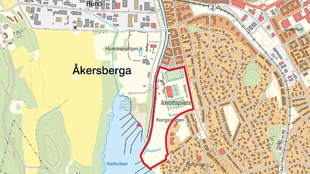Karta över Åkersberga med markering över förstudieområdet