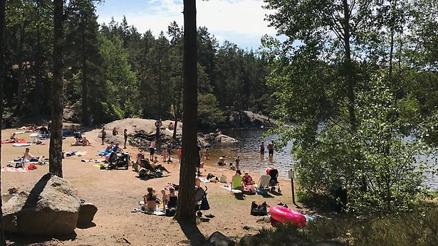 Badplatsen vid Domarudden myllrar av folk en vacker sommardag. 