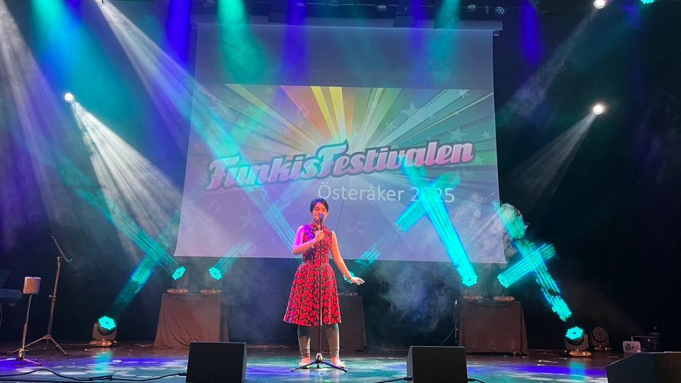 En artist sjunger sitt bidrag i Österåkers funkisfestival 2025.