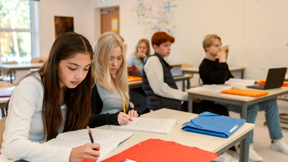 Elever i ett klassrum sitter och skriver anteckningar