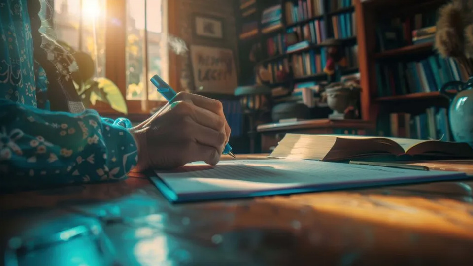 En person sitter vid ett bord och skriver för hand. Solen strilar in genom fönstret.