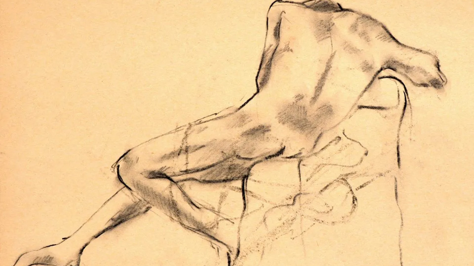 En kolteckning av en naken man som sitter lutad över armstödet på en stol.