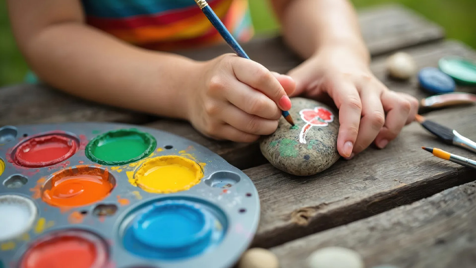 Ett barn målar på en sten.