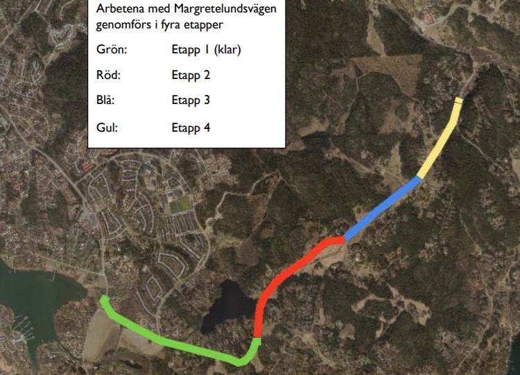 Karta som visar utbyggnaden av gång- och cykelvägen längs Margretelundsvägen