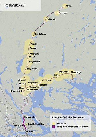 Karta över den förlängda Roslagsbanan till Stockholms city