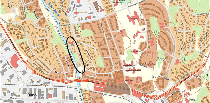 Bild karta över Åkersberga med markering över planområdet