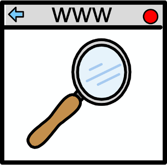 Tecknad bild av ett förstoringsglas som söker på www