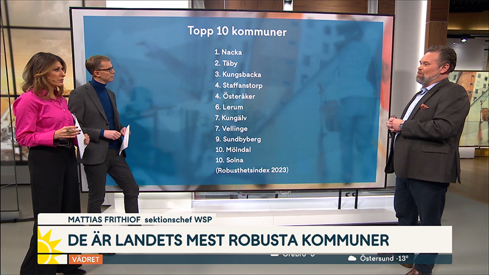 Bilden visar sändingen i TV4 morgon då WSP:s saktionschef Mattias Frithiof presenterar resultatet av rankingen. Österåker ligger på delad 4e plats med Staffanstorp. Före ligger Nacka, Täby och Kungsbacka.