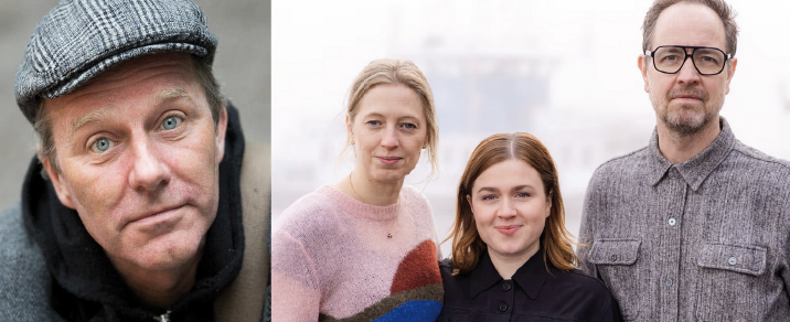 En porträttbild av allvarlig man, samt ett gruppfoto på ytterligare tre personer.