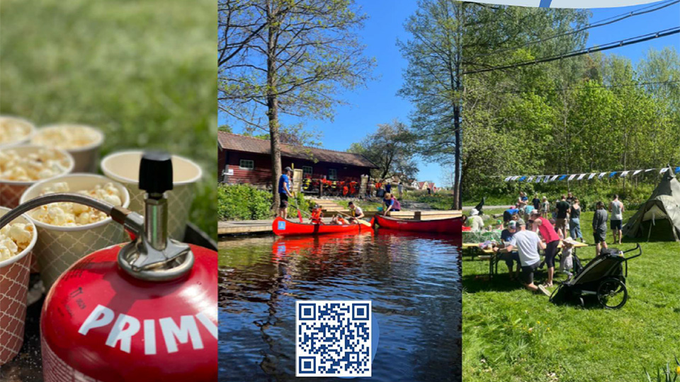 Ett collage av bilder på utomhusaktiviteter i sommarsol: paddling, picknick, promenad.
