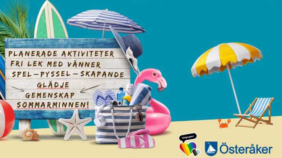 En tecknad bild med flamingo, solstol, surfbräda och en solig strand.