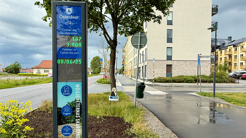 Cykelmätare med skärgårdsmotiv som har displayer som visar antal cyklar som passerar.