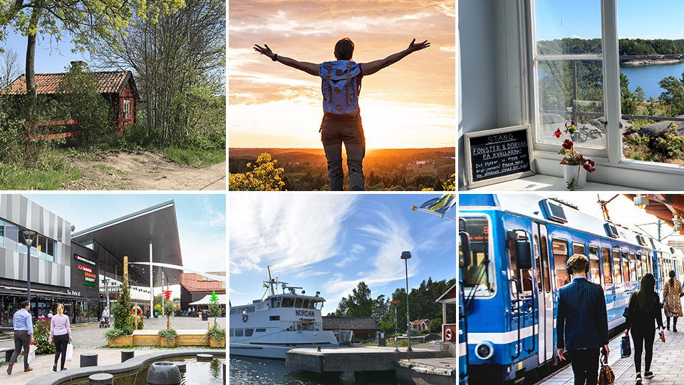Bilden föreställer olika bilder av Österåker: en skärgårdsbåt, ett fönster med utsikt mot havet, en person på ett berg som sträcker ut armarna i luften, torget i Åkersberga centrum, Roslagsbanan vid Åkersberga station, samt en röd stuga i landsbygdsomgivning.