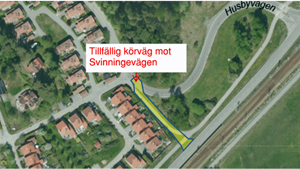 Gult område på en karta visar vart gång- och cykelväg görs om till tillfällig bilväg