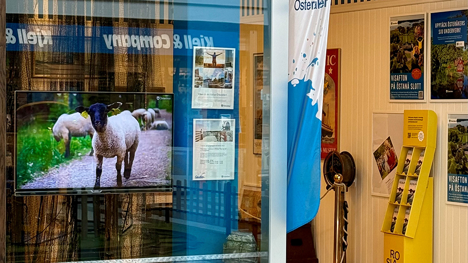 Ett skylfönster i ett inomhuscentrum. En beachflagga vid entrén med Österåkers kommuns logga.