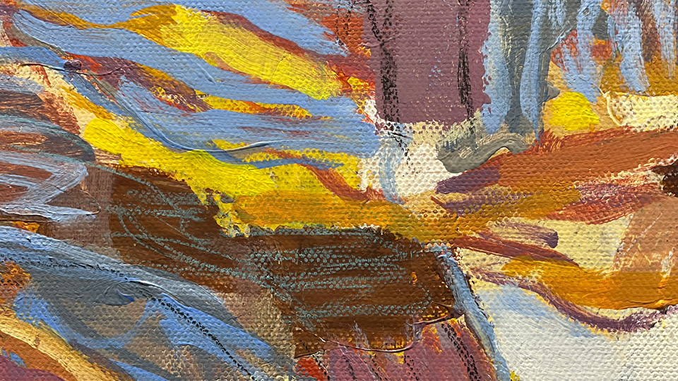 En abstrakt målning med starka färger och tjocka penseldrag.