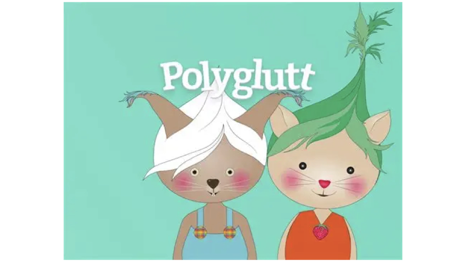 Polyglutt logga med två figurer, Poly och Glutt. Bakgrunden är grön.