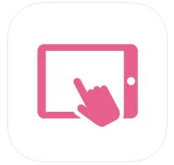 Tempus Nu app. Vit bakgrund med en rosa iPad och en rosa hand som klickar på iPaden