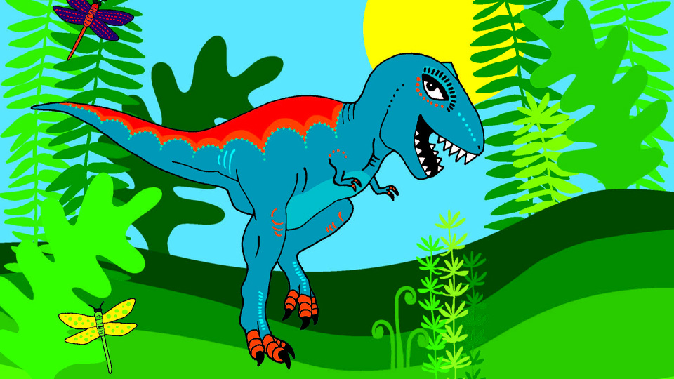 En tecknad bild på en glad dinosaurie.