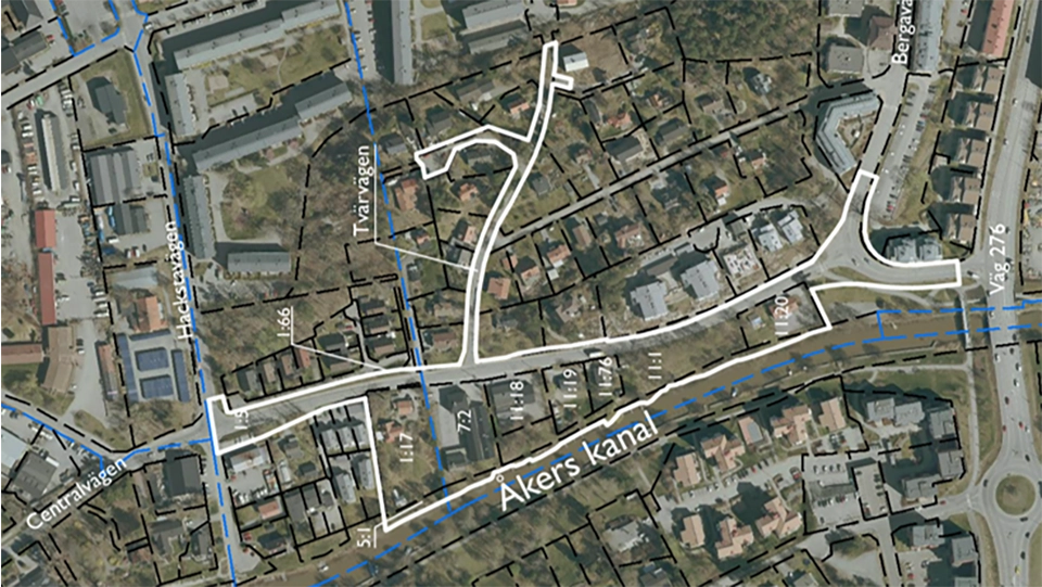 Flygfoto över planområdet och en vit linje som ringar in det aktuella området.