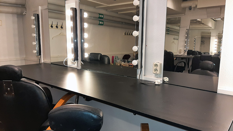 Bild från en loge. En rad med bord utmed en vit vägg. Speglar med lampor finns framför varje bord.