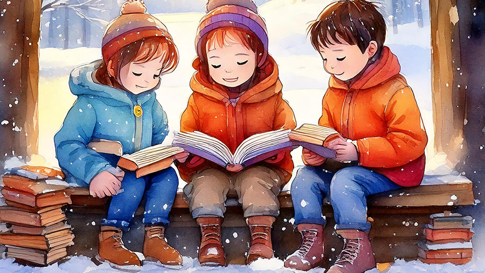 En tecknad bild på tre barn som sitter på en stock i skogen. Det är vinter och alla läser varsin bok.