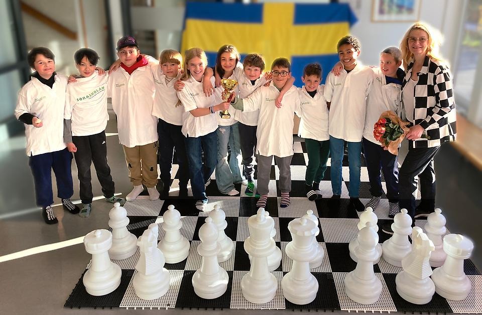 En grupp elever står framför en svensk flagga och med ett jätteschackspel framför sig.