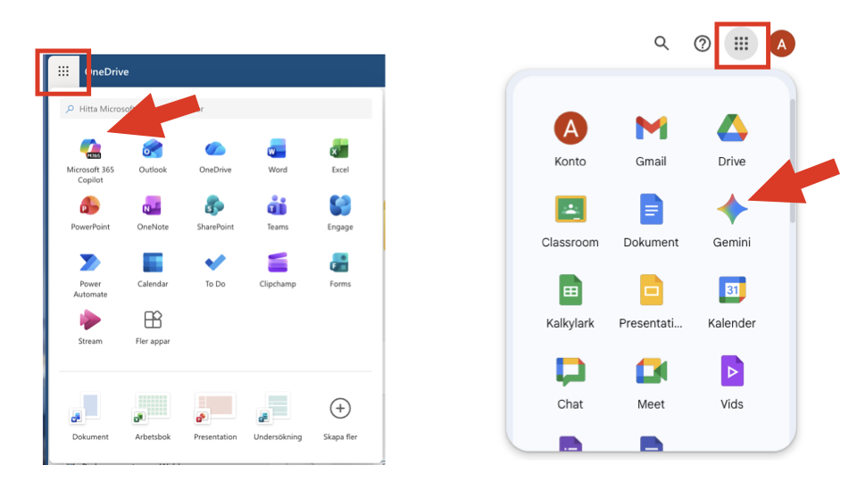 Bild med pil som visar hur man hittar Copilot och Gemini 