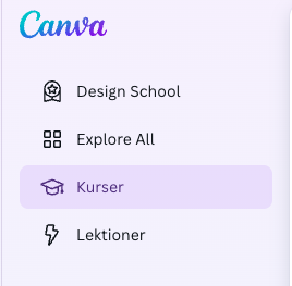 Bilden visar olika delar inne i Canva. Till exempel var du hittar kurser.