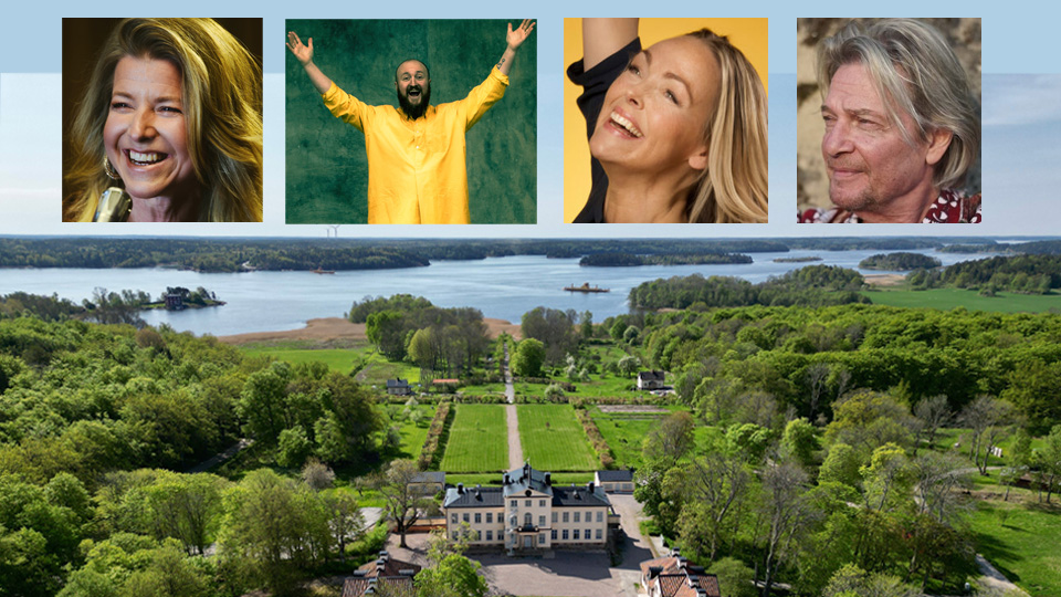 Ett collage: nedan en flygbild över Östanå slott med havet i bakgrunden. Ovan ligger 4 porträttbilder på artisterna.