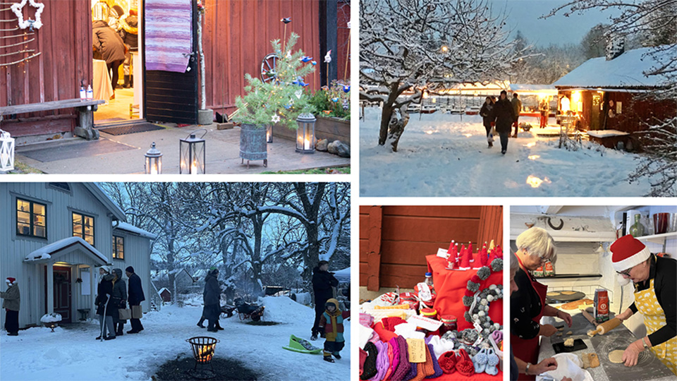 Ett collage av bilder på Länsmansgården vintertid. Det är snö på marken, lyktor är tända och det julpysslas.