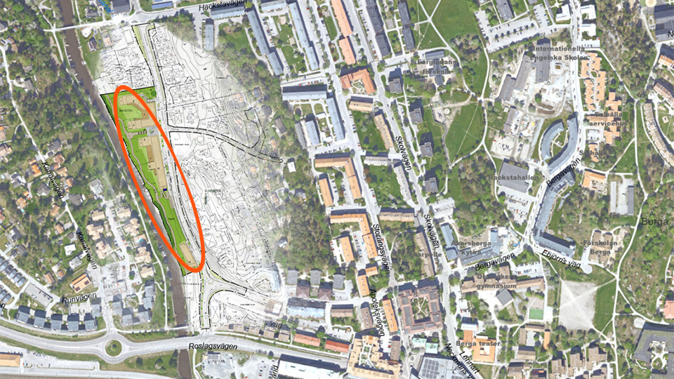 En karta som visar planområdets ungefärliga placering mellan Centralvägen och Åkers kanal med Bergavägen i söder och nära Hackstavägen i norr