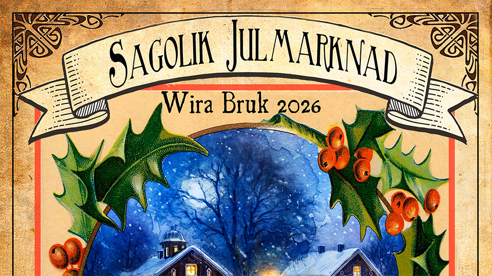 En del av en affisch i äldre stil. Snirklig text med "Välkommen" och en bild med snö som faller nattetid över gammalt hustak.