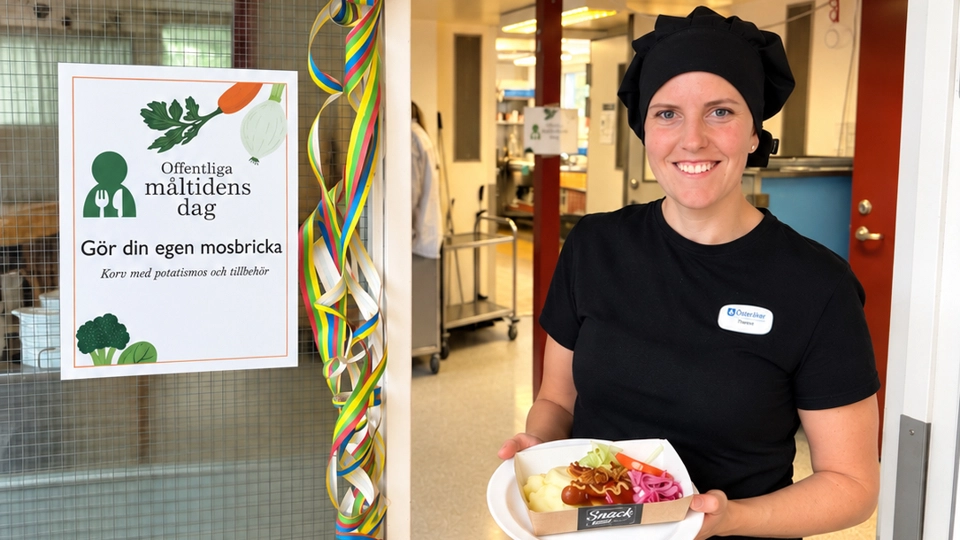 Tjej i svart kockmössa håller upp en mosbricka med potatismos och korv. Bredvid henne är en skylt som säger Offentliga måltidens dag - gör din egen mosbricka