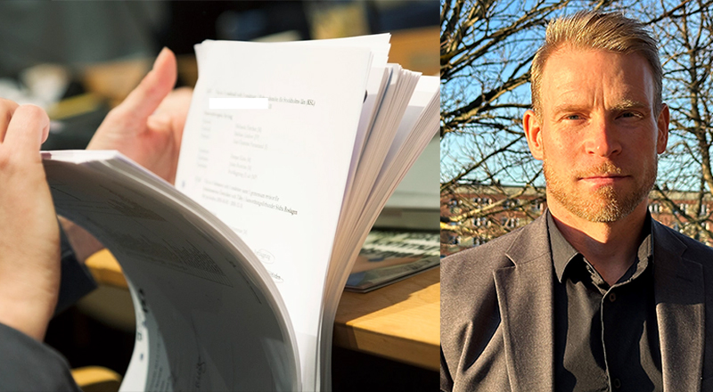 Person går igenom papper. Bredvid en porträttbild av säkerhetssamordnare Alexander Wigfors.