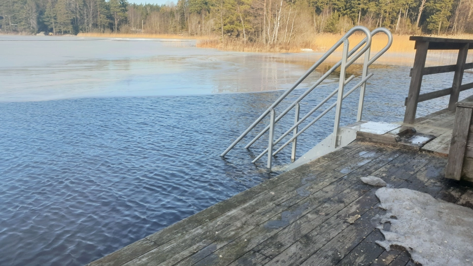 En brygga av trä med en handledare av metall.