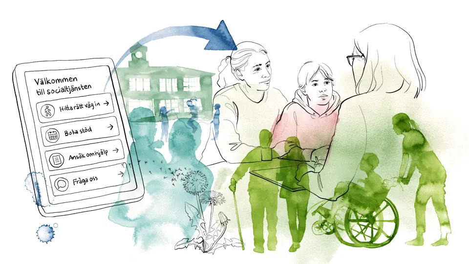 Illustration av socialtjänstens stöd och tjänster, med digitala kontaktvägar och människor som får stöd i olika situationer