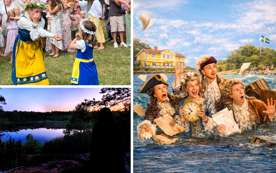 Ett collage med tre bilder som visar midsommarfirande, en suggestiv bild från en natt vid en sjö och en bild som visar skådespelare i extravaganta 1700-talskläder.