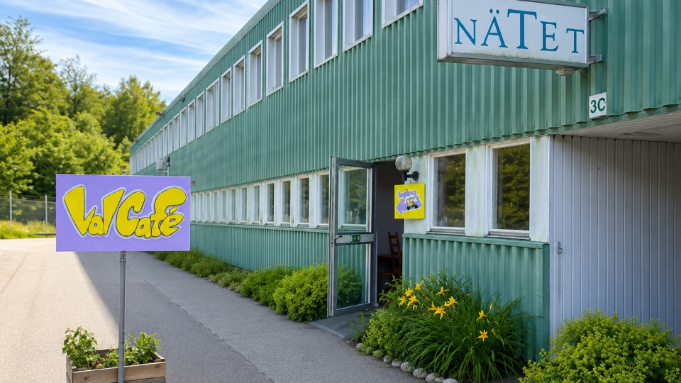 Ett grönt hus med en öppen dörr. Utanför står en skylt där det står Valcafé.