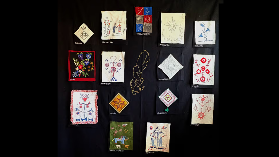 Flera exempel på broderier: blommor, Sverigekarta, figurer.