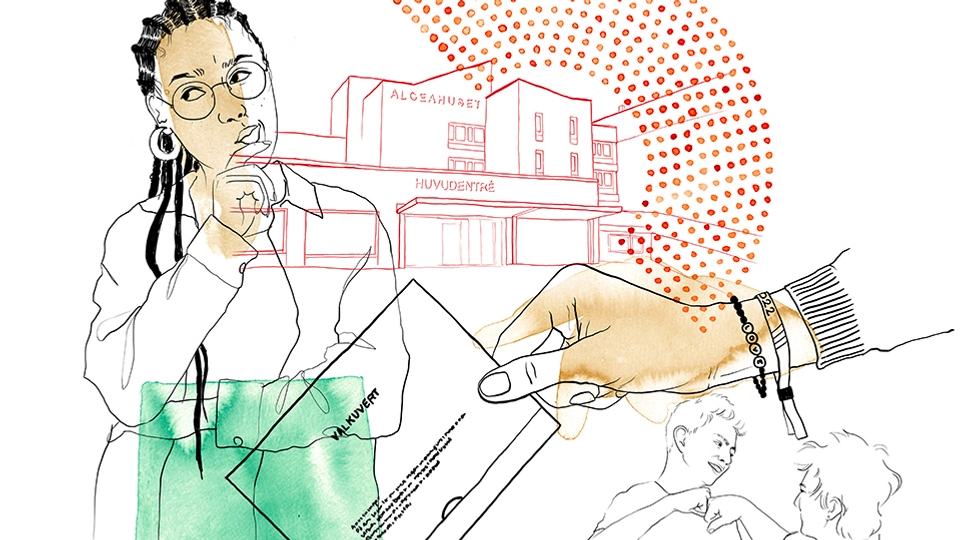 En illustration som visar en ung person som tänker, röstbås, Alcehuset, en hand som håller i en valsedel och sittplatserna i rikstan