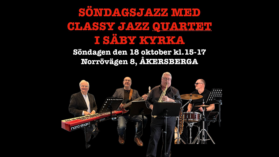 En kvartett jazzmusiker med sina instrument; keyboard, gitarr, saxofon och slagverk.
