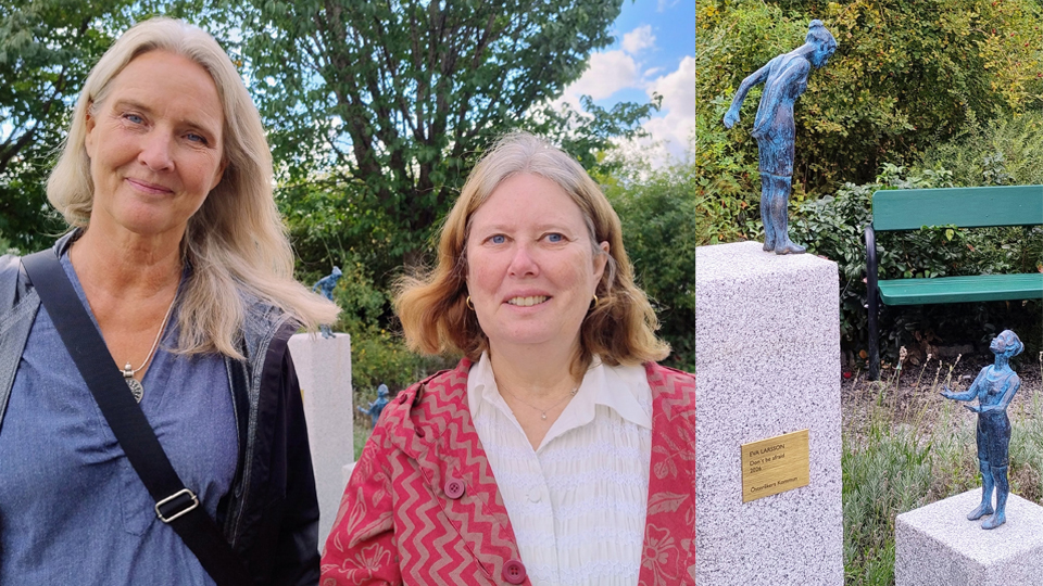 Ett collage med foto av konstnären Eva Larsson och konststrateg Maria Söderlund och ett foto av konstverket med två figurer där en är på väg att ta steget ut och den andra står redo att ta emot.