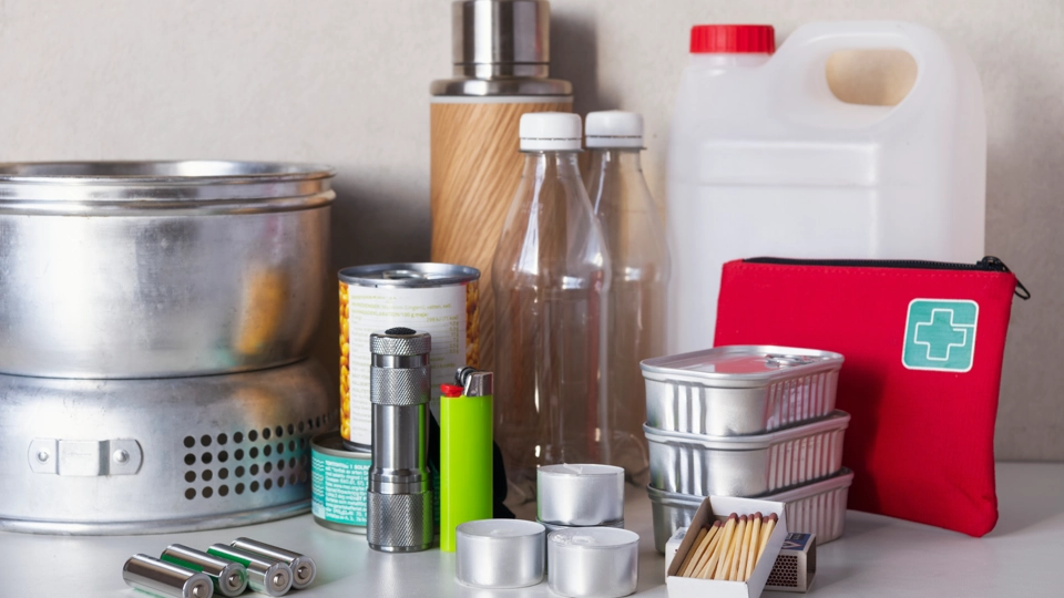 Konservburkar, stormkök, plastdunk, ett första hjälpen-kit, batterier, värmeljus, pet-flaskor, en termos, en tändare, tändstickor och en ficklampa står uppställt på ett vitt bord.