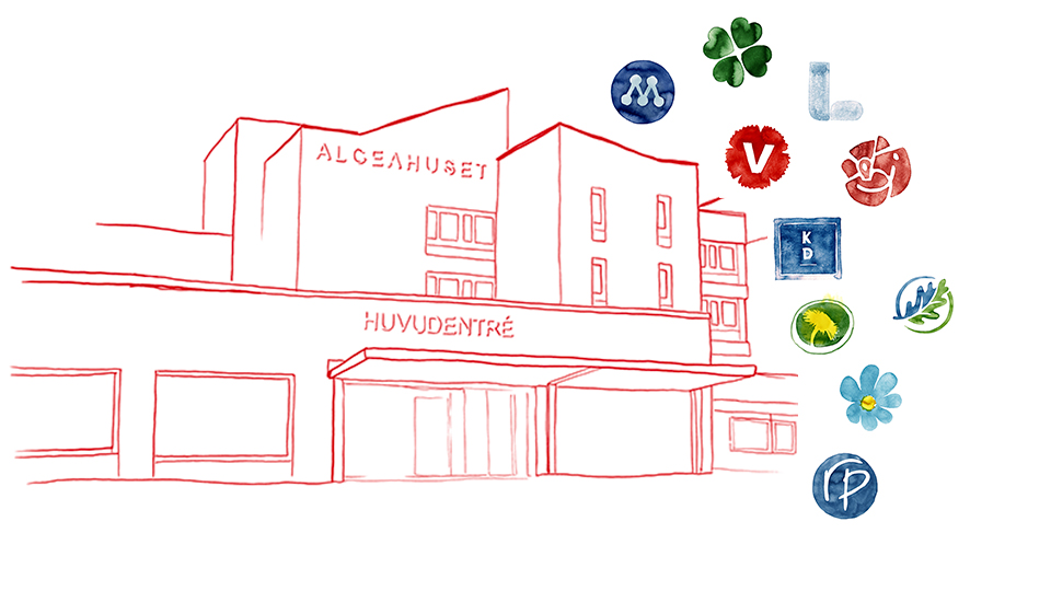 Illustration över Alceahuset och partisymboler