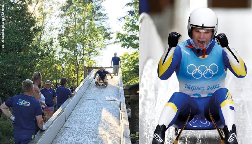 Två bilder i ett. Första bilden visar en ramp i trä. I rampen tränar en kille att åka rodel. Nedanför rampen står tränare och lagkamrater och tittar på. Andra bilden visar en av medlemmarna i Österåkers rodel- och kälkklubb från när han tävlade i OS i Peking i rodel 2022. Han gör en gest som visar att han är nöjd med sin prestation.
